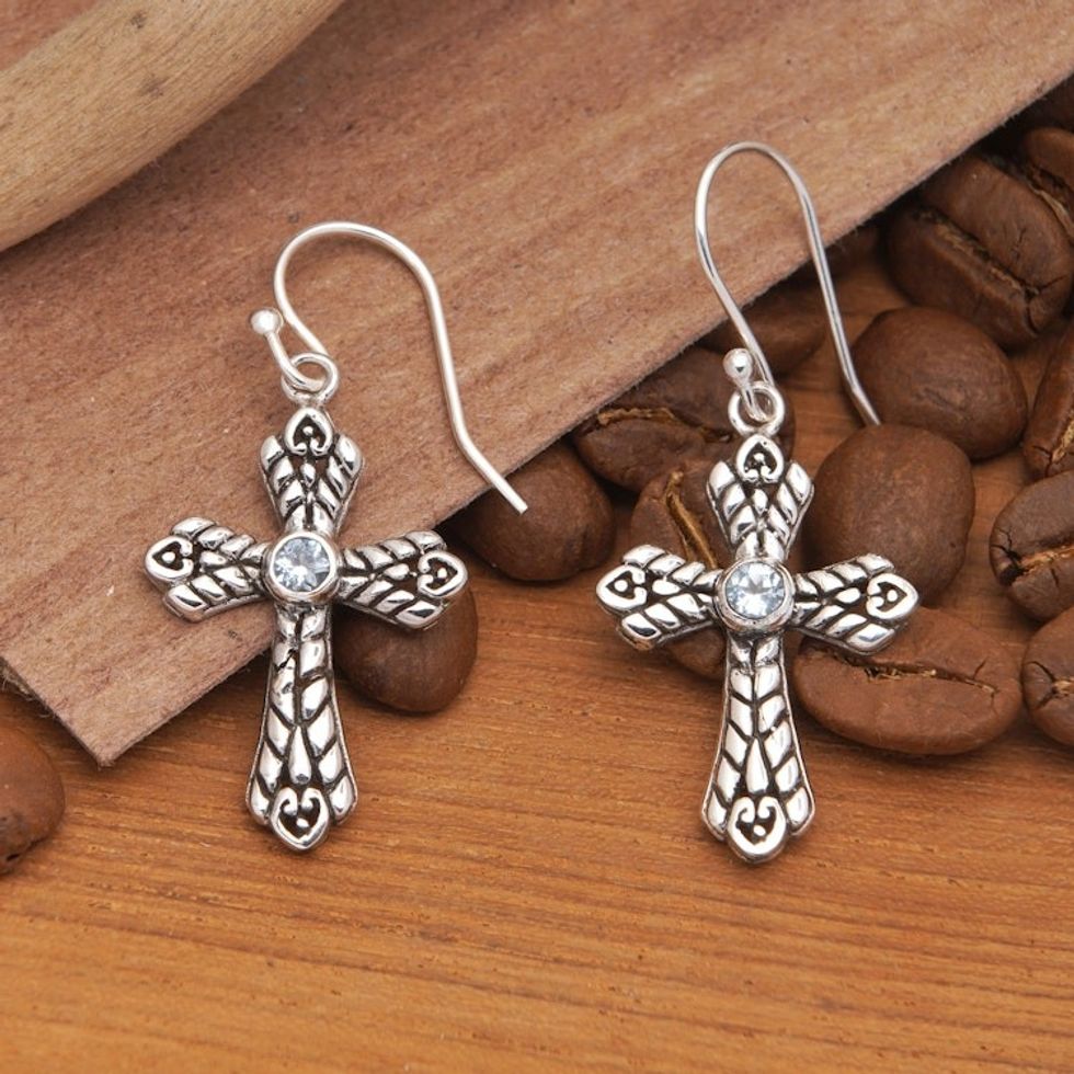 Cross-Shaped Sterling Silver Blue Topaz Dangle Earrings 'Ocean Cross'
