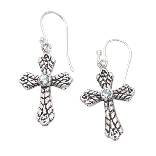 Alternate image for Cross-Shaped Sterling Silver Blue Topaz Dangle Earrings Ocean Cross