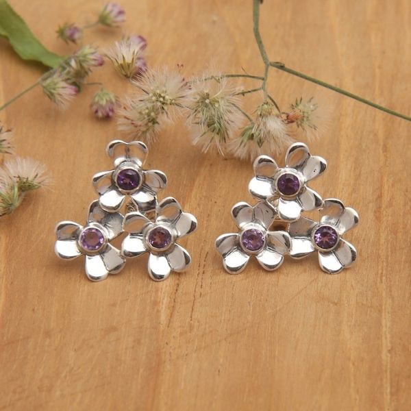 Alternate image for Sterling Silver Floral Button Earrings with Amethyst Stone Symphony of Blooms