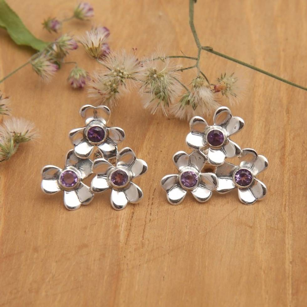 Sterling Silver Floral Button Earrings with Amethyst Stone 'Symphony of Blooms'