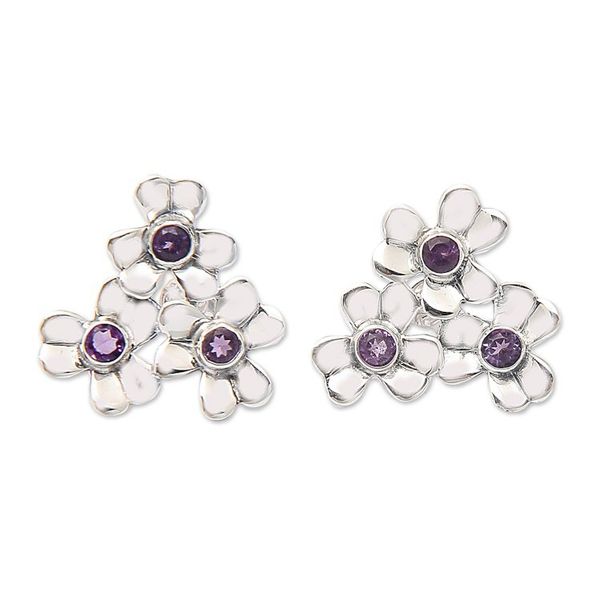 Alternate image for Sterling Silver Floral Button Earrings with Amethyst Stone Symphony of Blooms