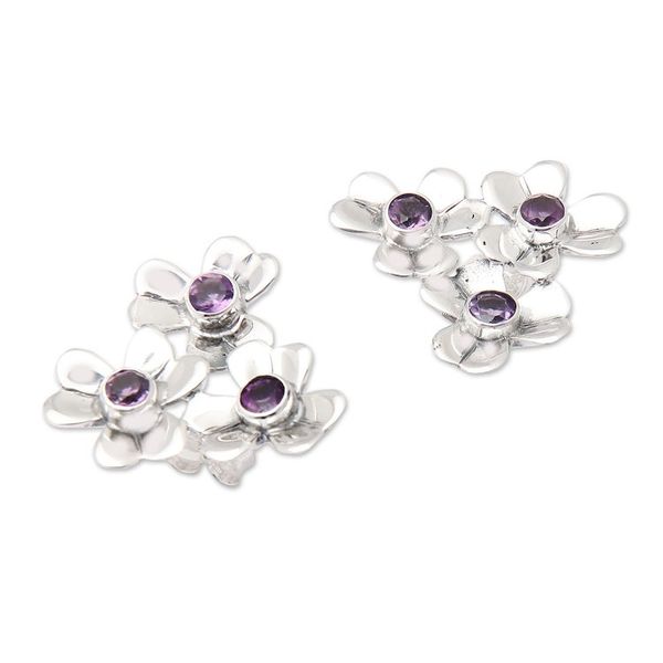 Alternate image for Sterling Silver Floral Button Earrings with Amethyst Stone Symphony of Blooms