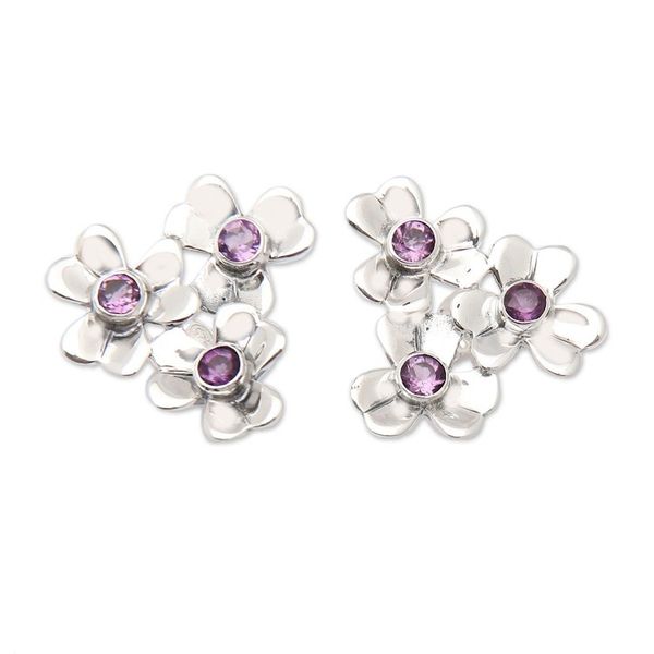 Alternate image for Sterling Silver Floral Button Earrings with Amethyst Stone Symphony of Blooms