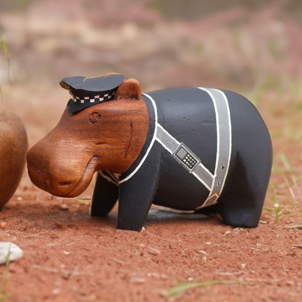 Hand-Painted Policeman Hippo Suar Wood Figurine 'Hippo Police'