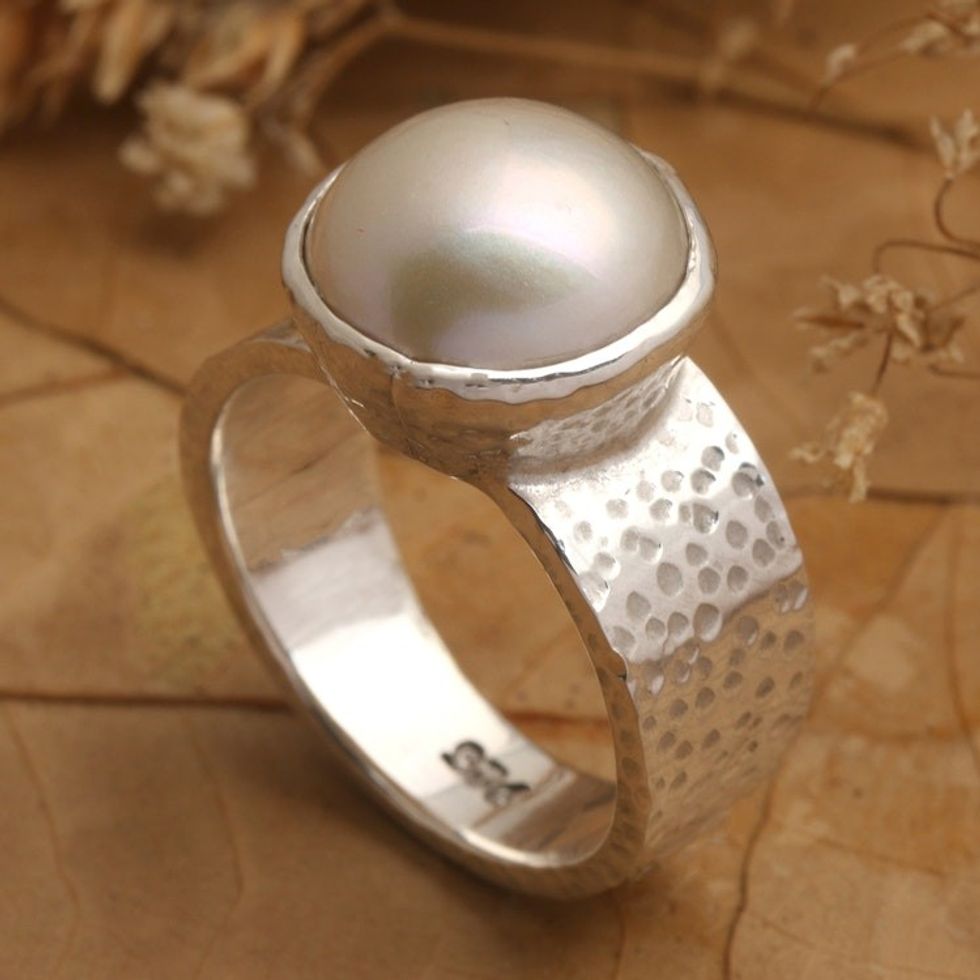 Hammered White Cultured Pearl Single Stone Ring from Bali 'Ocean's Nobility'