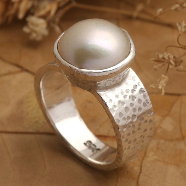 Alternate image for Hammered White Cultured Pearl Single Stone Ring from Bali Oceans Nobility