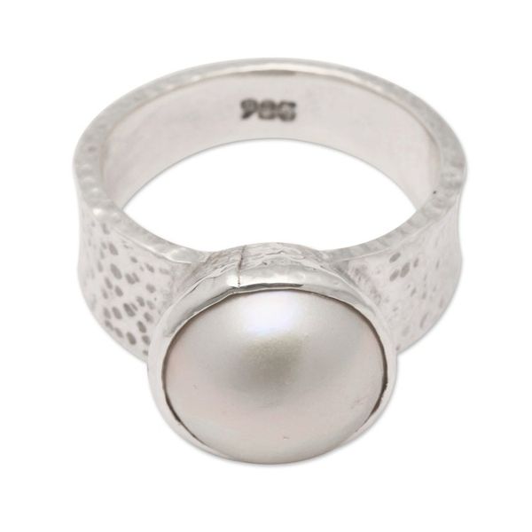 Alternate image for Hammered White Cultured Pearl Single Stone Ring from Bali Oceans Nobility
