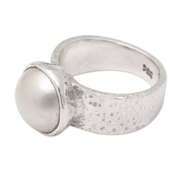 Alternate image for Hammered White Cultured Pearl Single Stone Ring from Bali Oceans Nobility