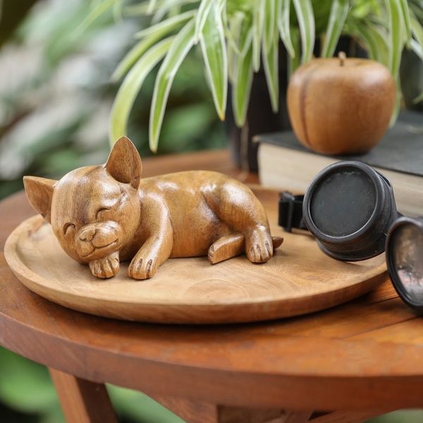 Alternate image for Hand-Carved Natural Suar Wood Chihuahua Figurine from Bali Sleeping Chihuahua