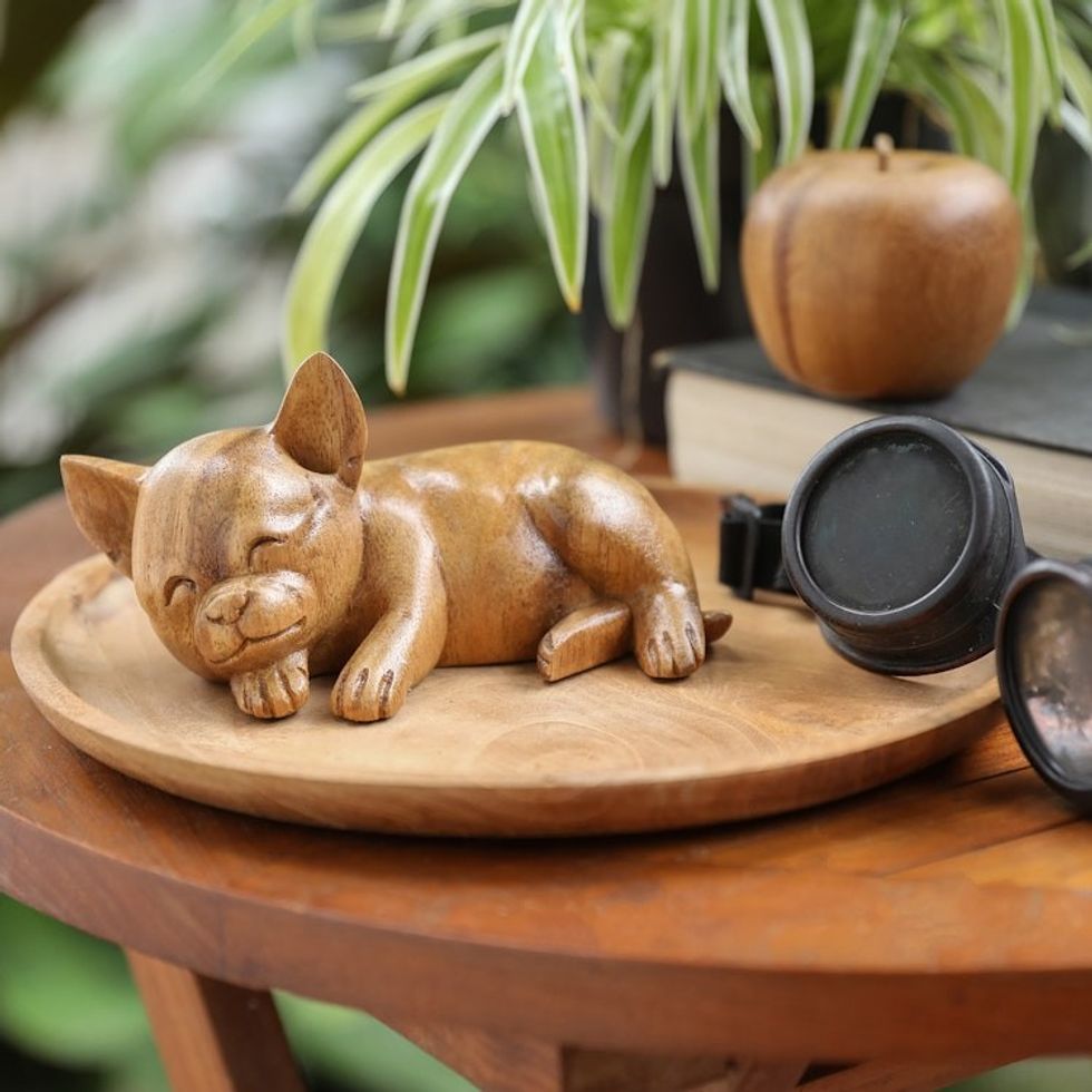 Hand-Carved Natural Suar Wood Chihuahua Figurine from Bali 'Sleeping Chihuahua'