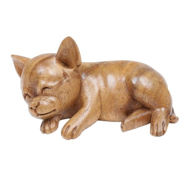 Alternate image for Hand-Carved Natural Suar Wood Chihuahua Figurine from Bali Sleeping Chihuahua