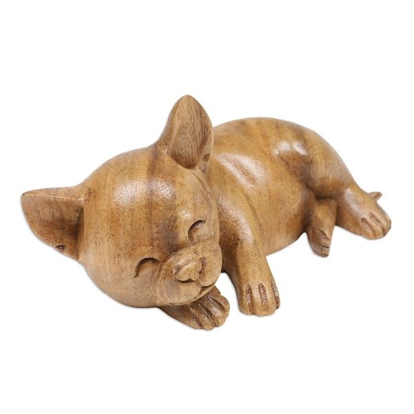 Alternate image for Hand-Carved Natural Suar Wood Chihuahua Figurine from Bali Sleeping Chihuahua
