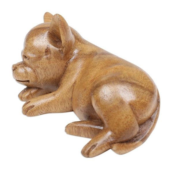 Alternate image for Hand-Carved Natural Suar Wood Chihuahua Figurine from Bali Sleeping Chihuahua