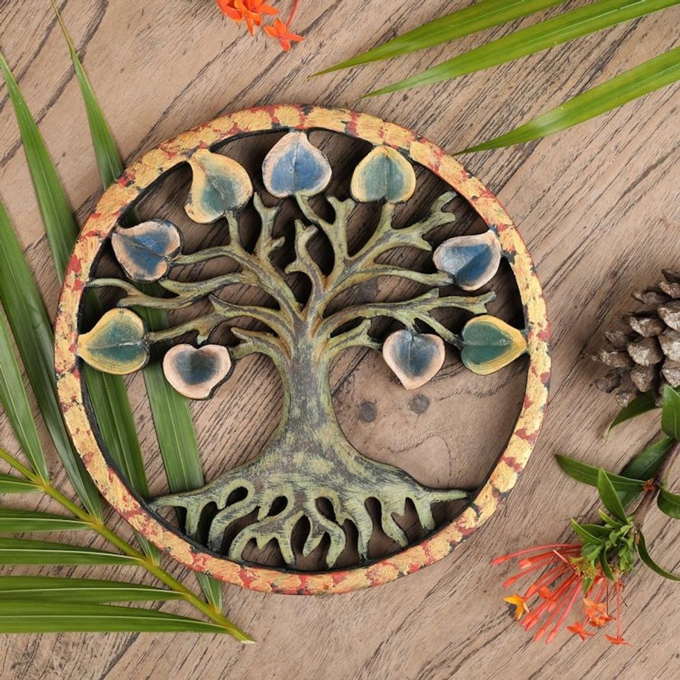 Hand-Painted Round Green Suar Wood Relief Panel of a Tree 'Brighter Future'
