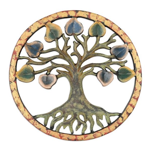 Alternate image for Hand-Painted Round Green Suar Wood Relief Panel of a Tree Brighter Future