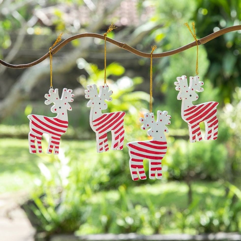Set of 4 Hand-Painted Wood Holiday Reindeer Ornaments 'Merry Reindeer'