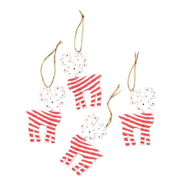 Alternate image for Set of 4 Hand-Painted Wood Holiday Reindeer Ornaments Merry Reindeer