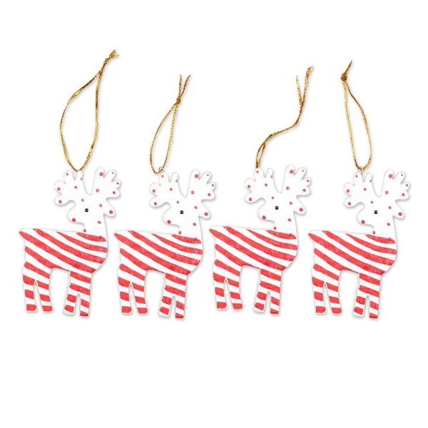 Alternate image for Set of 4 Hand-Painted Wood Holiday Reindeer Ornaments Merry Reindeer