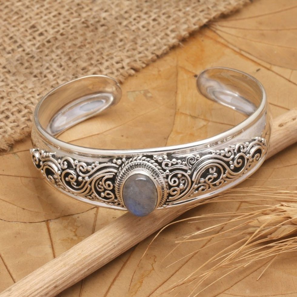 Classic Natural Rainbow Moonstone Cuff Bracelet 'Swirly Moon'