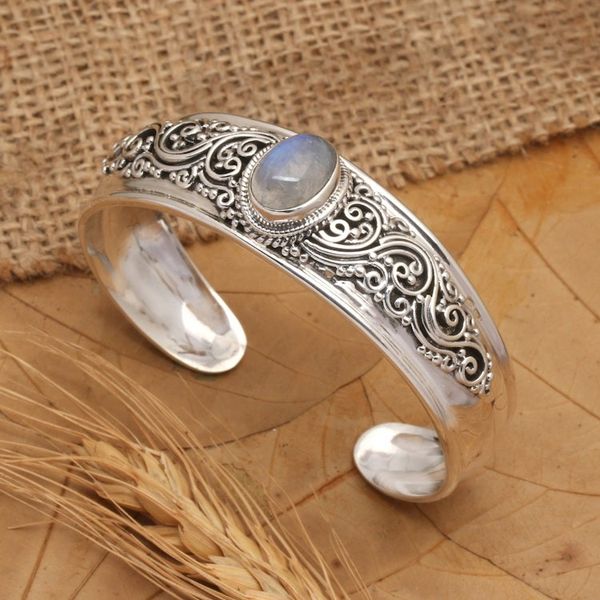 Alternate image for Classic Natural Rainbow Moonstone Cuff Bracelet Swirly Moon
