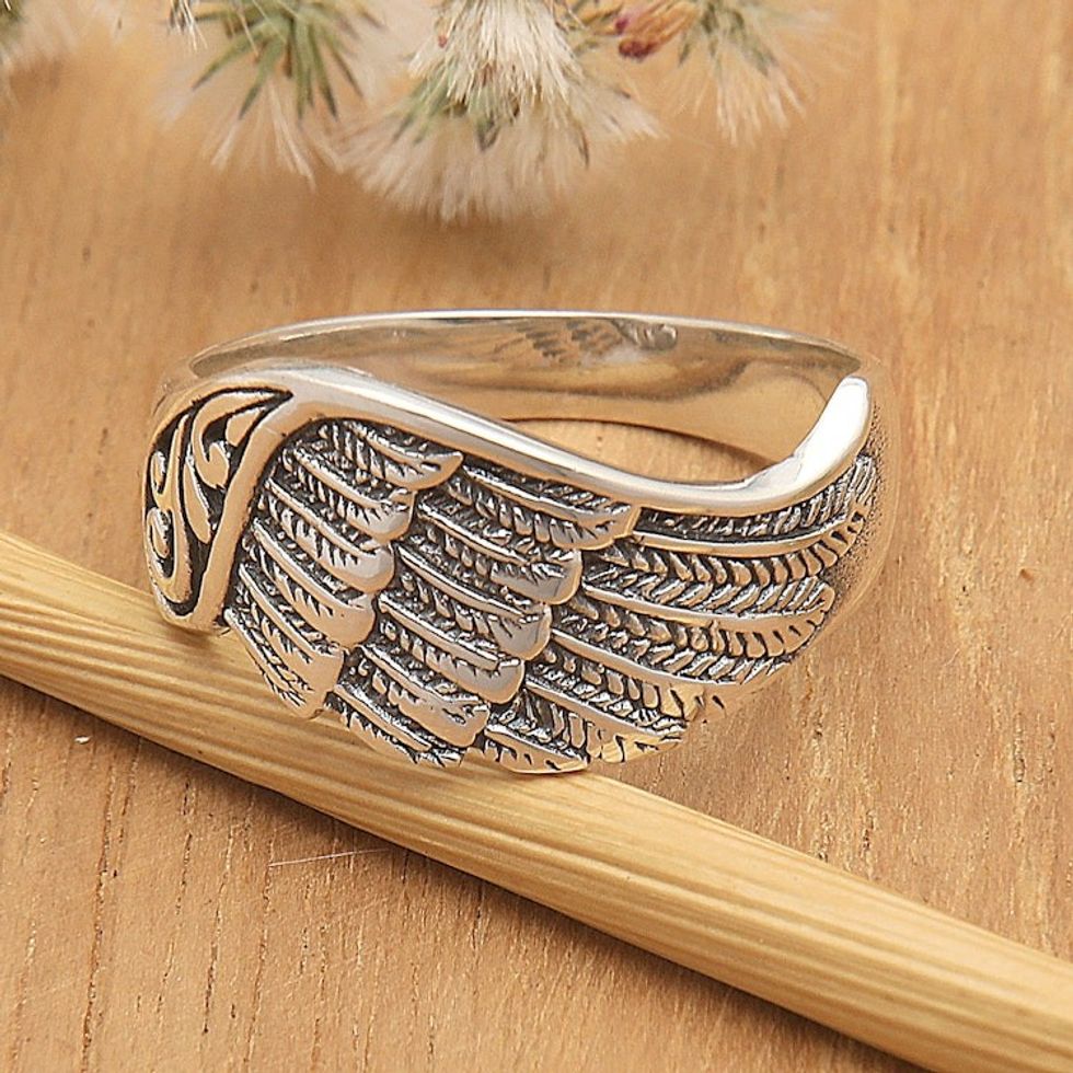 Sterling Silver Band Ring with Wing Motif Openwork Accent 'Mighty Wing'