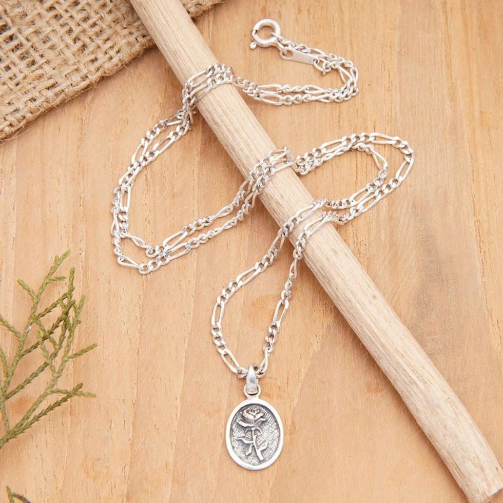Sterling Silver Pendant Necklace with Rose Motif from Bali 'Anniversary Rose'
