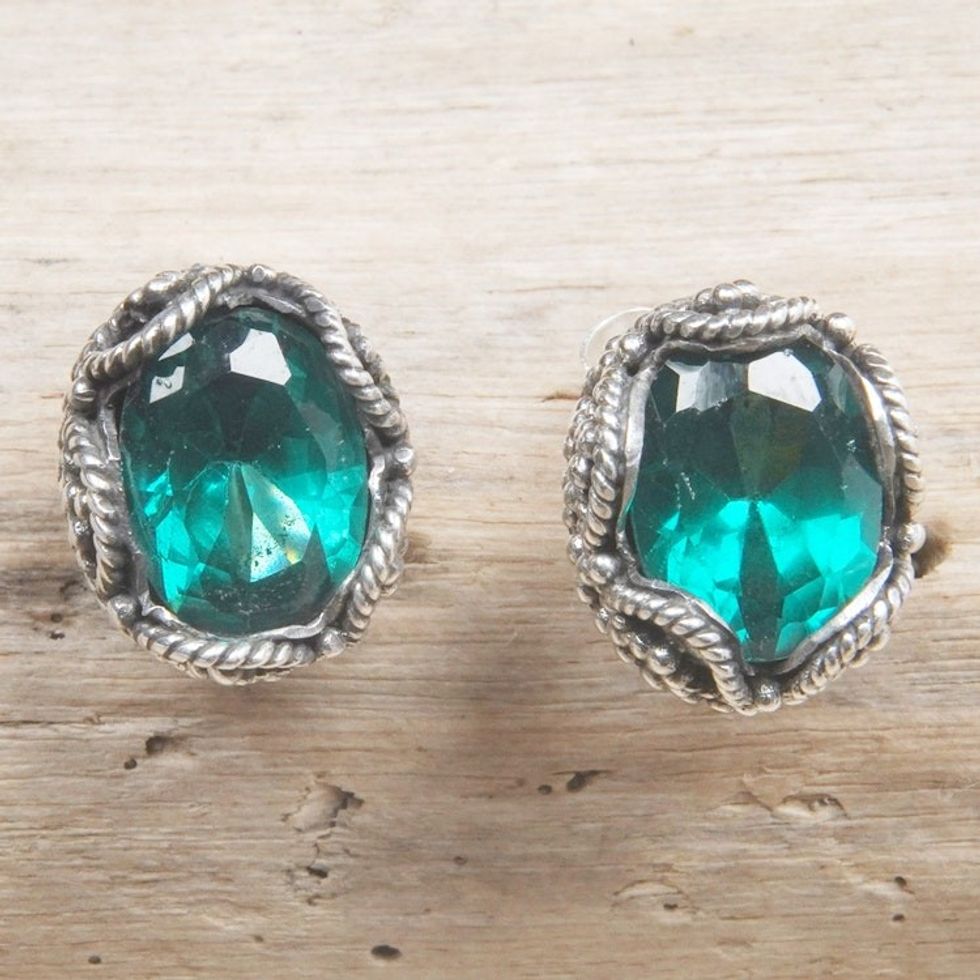Sterling Silver Stud Earrings with Oval Green Quartz Stones 'Dainty Green'