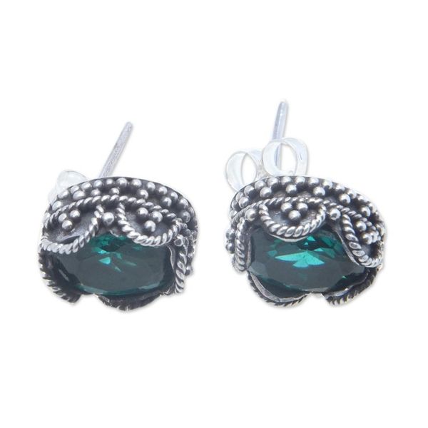 Alternate image for Sterling Silver Stud Earrings with Oval Green Quartz Stones Dainty Green