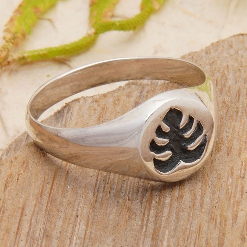 Leaf-Themed Polished Sterling Silver Domed Ring from Bali 'Monstera Sign'