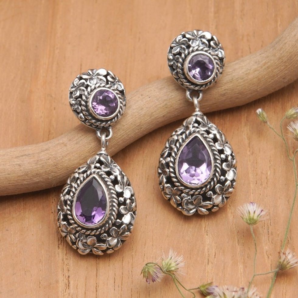 1-Carat Faceted Amethyst Dangle Earrings with Floral Details 'Wise Frangipani'