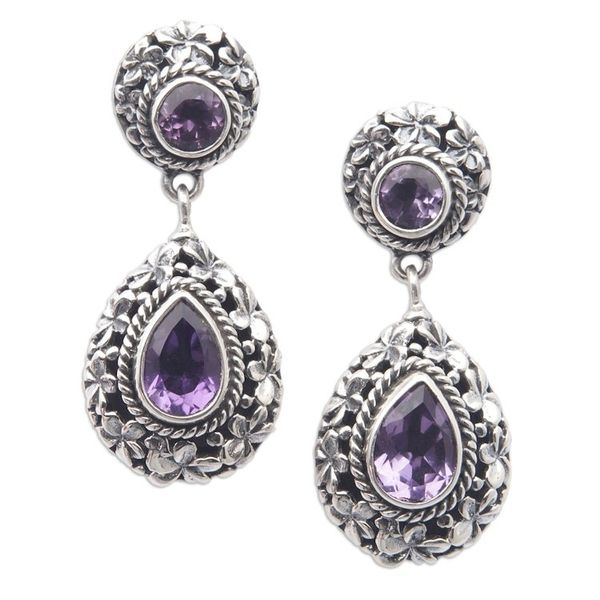 Alternate image for 1-Carat Faceted Amethyst Dangle Earrings with Floral Details Wise Frangipani