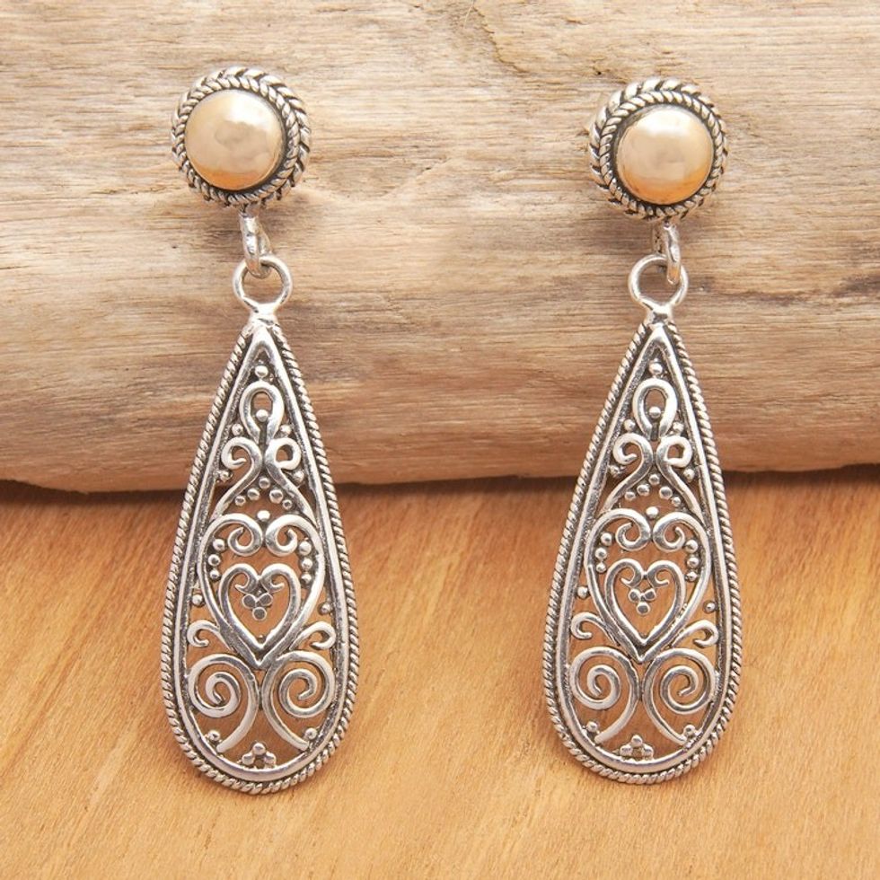 18k Gold-Accented Filigree Dangle Earrings with Heart Motifs 'Passion of Bali'