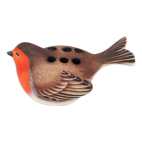 Alternate image for Suar Wood Robin Bird Pen Holder Carved and Painted by Hand Nesting Robin