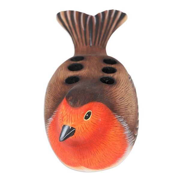 Alternate image for Suar Wood Robin Bird Pen Holder Carved and Painted by Hand Nesting Robin