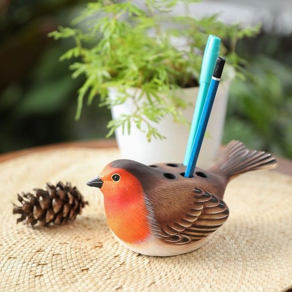 Alternate image for Suar Wood Robin Bird Pen Holder Carved and Painted by Hand Nesting Robin