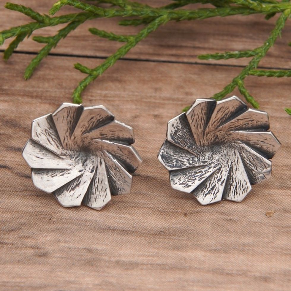 Oxidized Sterling Silver Button Earrings with Wavy Design 'Magical Windmill'