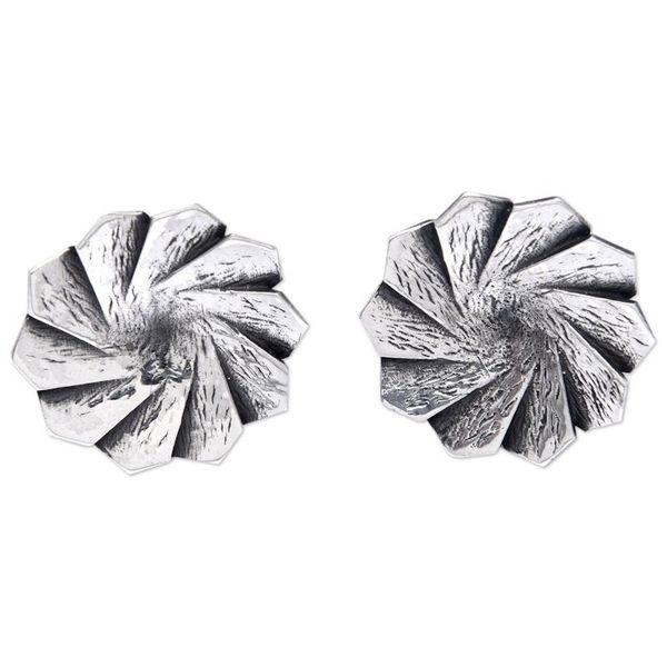 Alternate image for Oxidized Sterling Silver Button Earrings with Wavy Design Magical Windmill