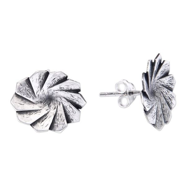 Alternate image for Oxidized Sterling Silver Button Earrings with Wavy Design Magical Windmill