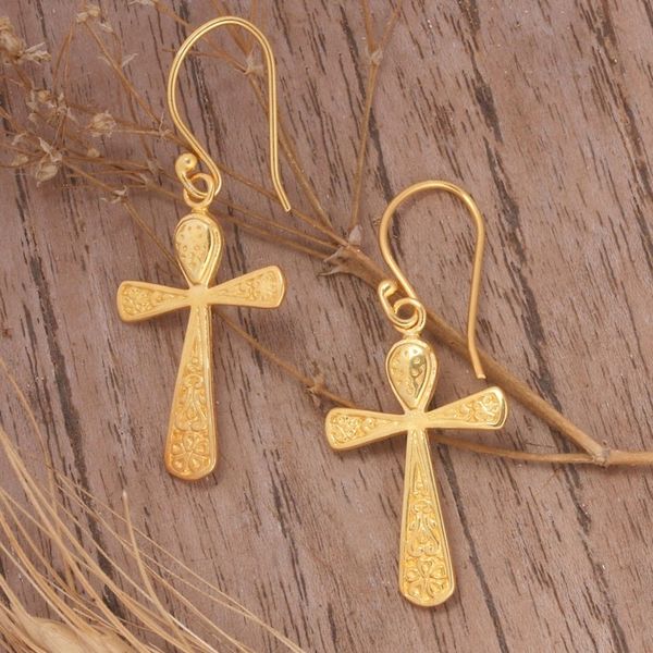 Alternate image for High-Polished 22k Gold-Plated Cross Dangle Earrings Triumph Cross