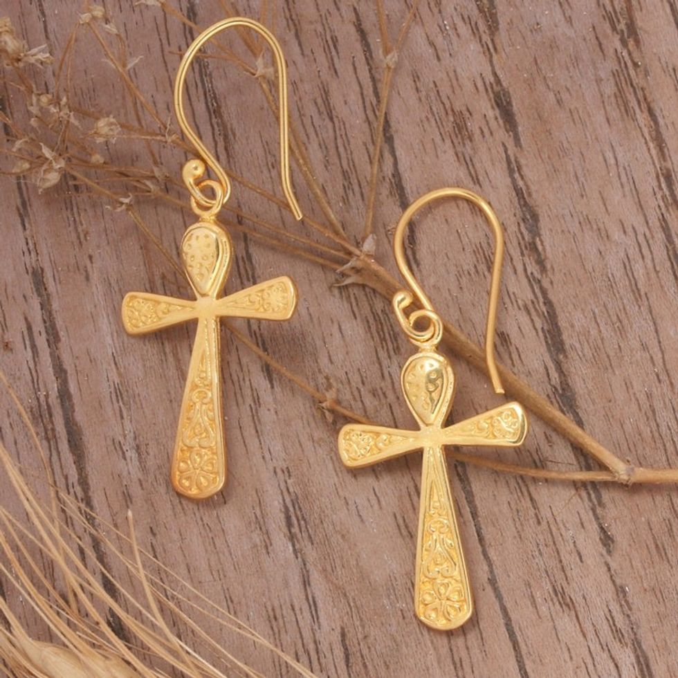 High-Polished 22k Gold-Plated Cross Dangle Earrings 'Triumph Cross'