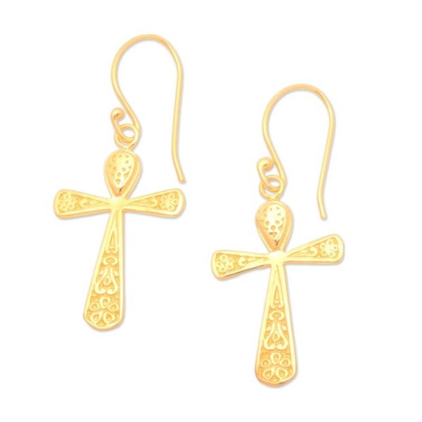 Alternate image for High-Polished 22k Gold-Plated Cross Dangle Earrings Triumph Cross