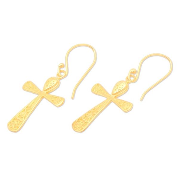 Alternate image for High-Polished 22k Gold-Plated Cross Dangle Earrings Triumph Cross