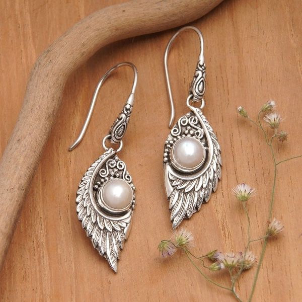 Alternate image for Classic Sterling Silver Dangle Earrings with White Pearls Pearly Swan