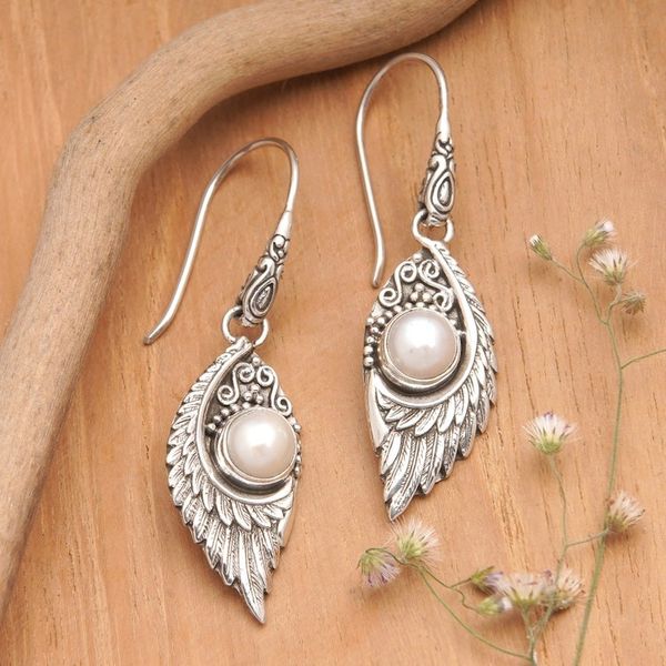 Alternate image for Classic Sterling Silver Dangle Earrings with White Pearls Pearly Swan