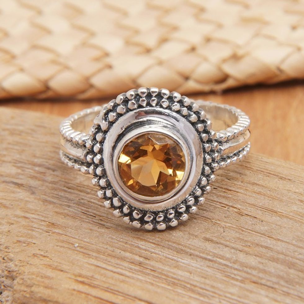 Sterling Silver Cocktail Ring with Round Citrine Stone 'Exquisite Brilliance'