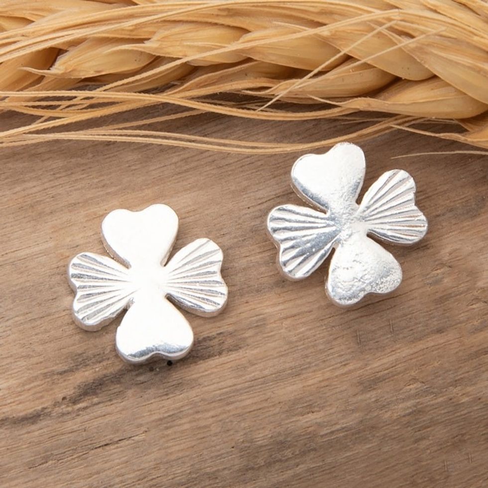 Lucky Clover-Shaped Sterling Silver Stud Earrings from Bali 'Sprouting Clover'