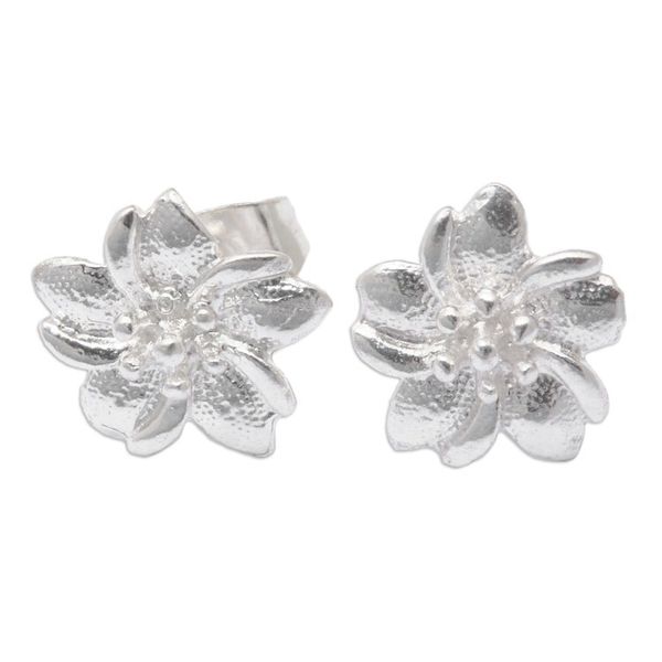 Alternate image for Textured Polished Sterling Silver Floral Stud Earrings Amaryllis Flower Beauty