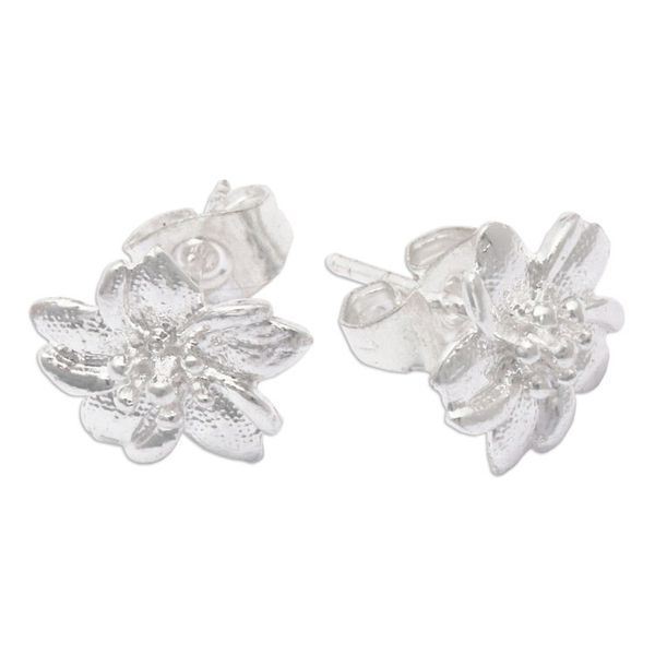 Alternate image for Textured Polished Sterling Silver Floral Stud Earrings Amaryllis Flower Beauty