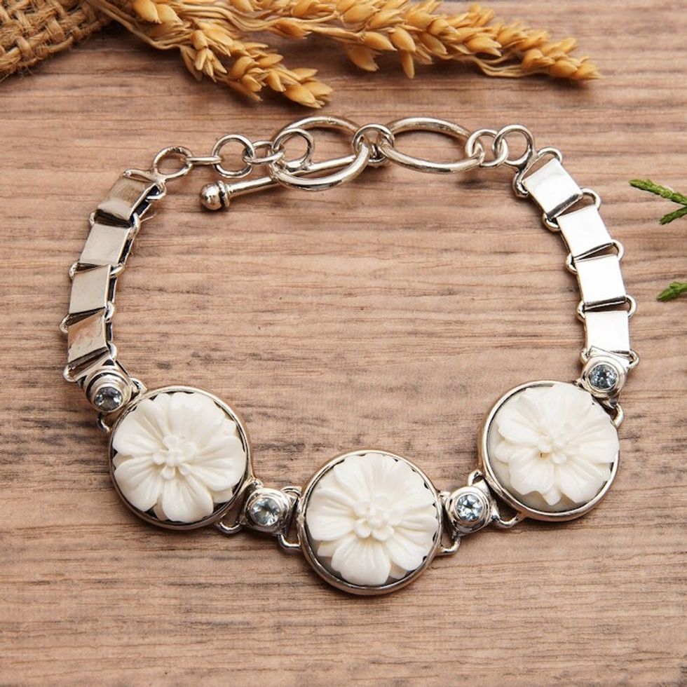 Floral Sterling Silver and Blue Topaz Pendant Bracelet 'Celestial Blossoming'