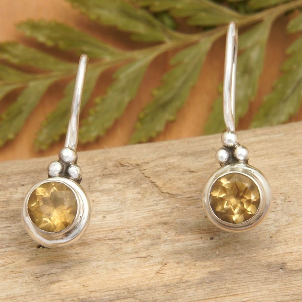 Sterling Silver Drop Earrings with Round Citrine Stone 'Unique Brilliance'